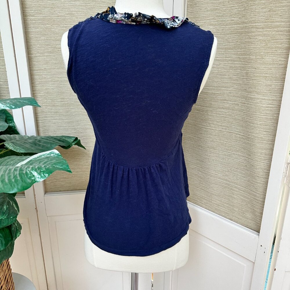 Anthropologie Deletta Ruffle Tank Top Floral Polka Dot Peplum Navy Medium - Picture 6 of 8